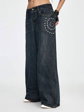 Grunge Punk Damen Jeans mit Taschen, Knöpfen, Nieten und Vintage-Waschung, weite Beine für den Alltag