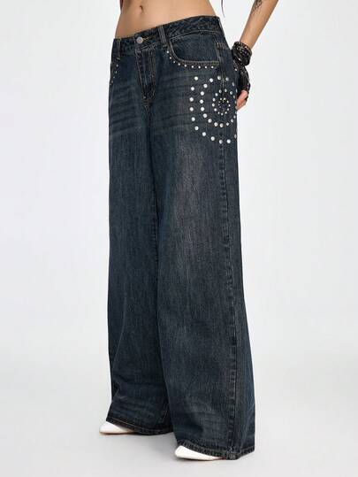 Grunge Punk Jeans de pierna ancha con lavado vintage, botones, remaches y bolsillos para mujer