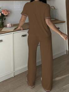 两件套女士休闲撞色家居服套装 - 棕色 - 查看 2