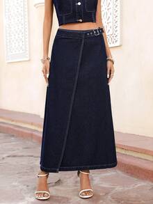 Selianne 女士休闲A字牛仔迷你裙，适合日常通勤 - 深色水洗藍 - 查看 4