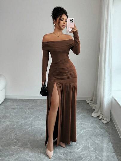 Elenzga Women's Vintage Elegant Off-Shoulder Fitted Bodycon Long Sleeve Knit Dress, Suitable For Autumn/Winter, Halloween