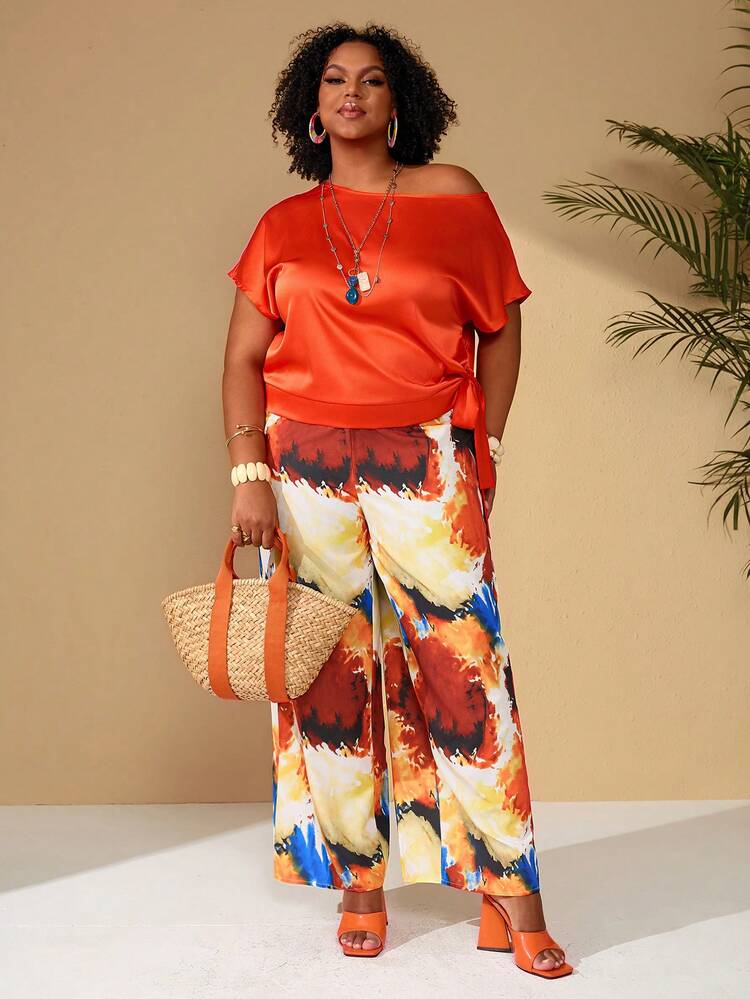 Plus Size Women Vacation Solid Color Asymmetric-Shoulder Short Sleeve Shirt And Tie-Dye Wide Leg Pants Casual 2-Piece Set/Summer Summer Outfits Summer Clothes  Spring  Spring Outfit Women Spring Clothes Beach Vacation Outfits For Women Bohemian Plus Size Summer Sets Plus Size Pants Set