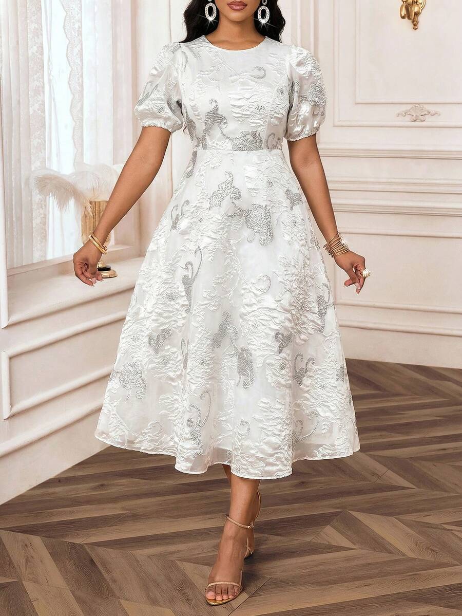 SHEIN Lady 女士圆领提花优雅收腰泡泡袖派对连衣裙 - 白色 - 查看 1