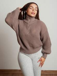 Lupita Cardoza 半拉链落肩纹毛衣、长袖上衣、秋冬针织毛衣 - 棕色 - 查看 6