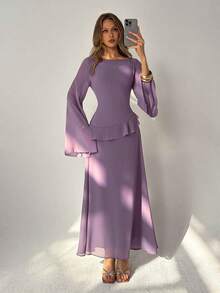 Aloruh 女士优雅露肩喇叭袖荷叶边腰部系带露背连衣裙，灰紫色 - 淺灰紫 - 查看 10