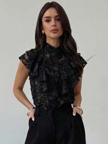 Firerie Women's Elegant Black Summmer Night Out Blouse,Multi-Layer Ruffle Button Textured Fabric Sleeveless Loose Sheer Commute Daily Date Vacation - Black - View 5