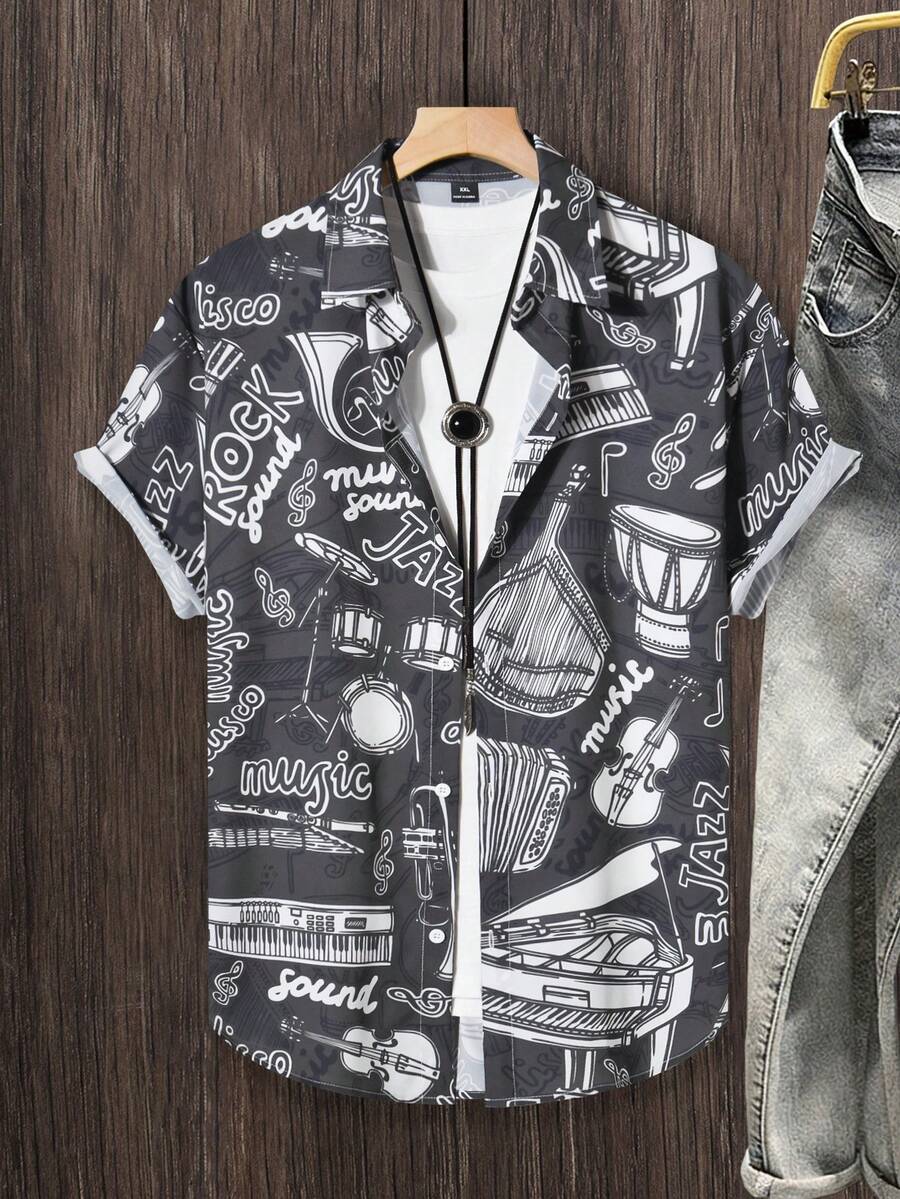 Manfinity Homme 全印花前开襟纽扣休闲百搭短袖衬衫（不规则印花） - 深灰色 - 查看 1