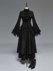 ROMWE EDITION 哥特风蕾丝喇叭袖下摆女式衬衫，适合万圣节装扮 - 黑色 - 查看 10