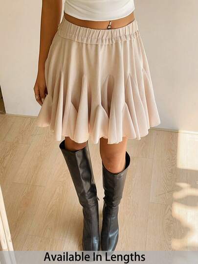 SHEIN Tall CURVE Plusstorlek Dam Enfärgad Elastisk Midja Volangkant Avslappnad A-linjekjol