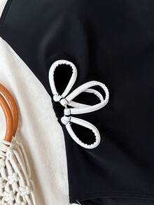 SHEIN Teen Girls' Black Floral Cutout One-Piece Swimsuit, Snug Fit, Sleeveless, Sweet Beach Vacation Surfing - Black - View 5