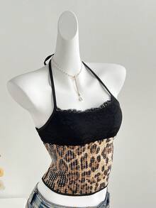 Elamini 女士性感蕾丝拼接豹纹串珠吊带背心，性感炸弹风 - 彩色 - 查看 3