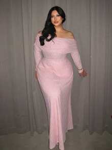 Firerie Plus Size Elegant Solid Color Textured Off-Shoulder Dress, Autumn