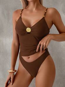 Swim Basics Bộ bikini dây mảnh cổ điển hình chữ V khoét sâu đính hạt vàng, thời trang cho kỳ nghỉ - màu nâu - Xem 4