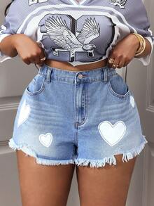 Slaydiva 大码女式高腰爱心印花毛边宽松牛仔短裤 - 藍色 - 查看 5