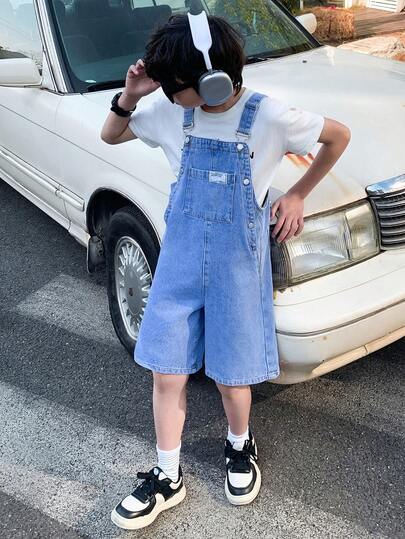 Tween Boy Fashion Casual Y2k Vintage Cool Street Returns To School College Patch Details And Pocket Design Basic Simple And Comfortable Blue Denim Loose Overalls Jeans Shorts For Kids Clothes Tween Boy Soft Dailywear And Kids Winter And Fall Rave Outfits Festival And Outfits Streetwear Clothes Kids Wide Leg Denim Overalls Kids Denim Jumpsuit
