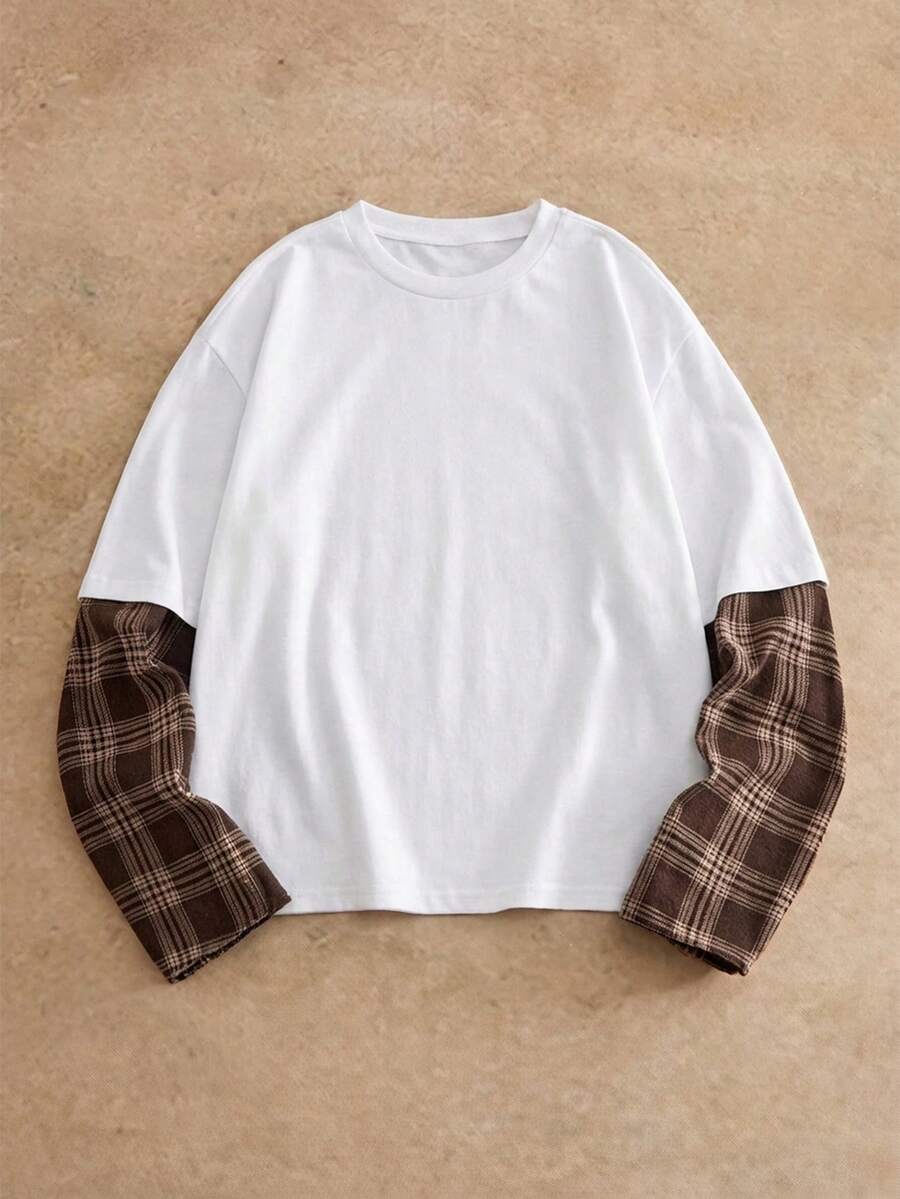 HIMLAND Men's Casual Commute Street Patchwork Plaid Long Sleeve 2 In 1 T-Shirt - Multicolor - View 1