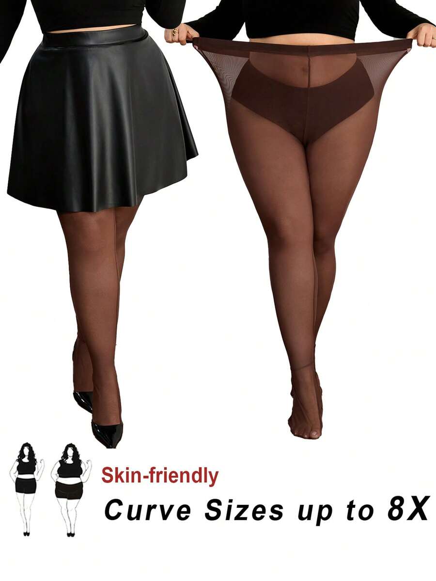 SHEIN CURVE+ 大码酒红色、樱桃红、褐红色透视连体紧身裤,紧身包臀打底裤,连裤袜,修身,纯色,女士基础款,西部风格,夏季,紧身,复活节,春季,狂欢节,情人节,情人节礼物,性感,Y2K,时尚,锐舞派对,音乐节 - 棕色 - 查看 1