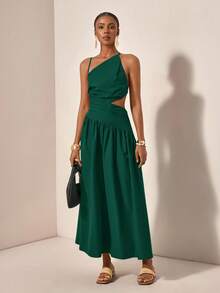 New Casual Vacation Asymmetric Hollow-Out Backless Criss-Cross Strap Dress ,Summer Dress - Dark Green - View 7