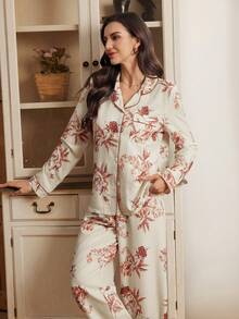 Serenescape Vacation Style Women Floral Print Bubble Collar Cardigan Long Sleeve Pajama Set - Apricot - View 6