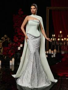 Glamrae 优雅奢华的钻石珍珠亮片花卉网纱拼接弹力针织美人鱼裙，配有垂坠雪纺荷叶边，适合婚礼、派对、舞会、度假、宴会等场合。 - 綠色 - 查看 2