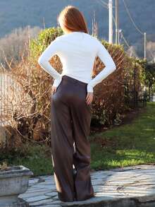 SILVIA DI SANTO 女士皮革女裤纯色前扣简约休闲裤、日常穿着、女士下装 - 咖啡棕 - 查看 2