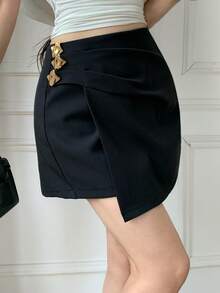 Celisse New Spring/Summer Side Zipper Metal Button Bodycon Casual Mini Skirt For Women - Black - View 3