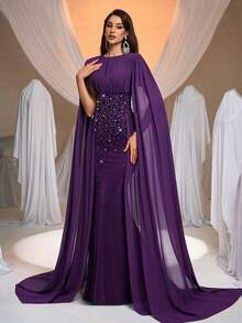 Aureia Elegant Women's Purple Maxi Party Dress With Cloak Sleeves And Rhinestone Detail - Purple - View 4