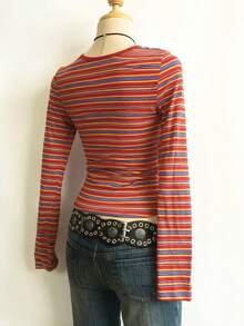 SHEIN 彩色条纹数码印花时尚简约女式长袖圆领 T 恤，送给朋友的礼物 - 白色 - 查看 2