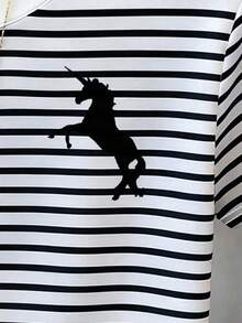 Resyla Plus Size Summer Casual Striped Unicorn Print Short Sleeve T-Shirt - Multicolor - View 5