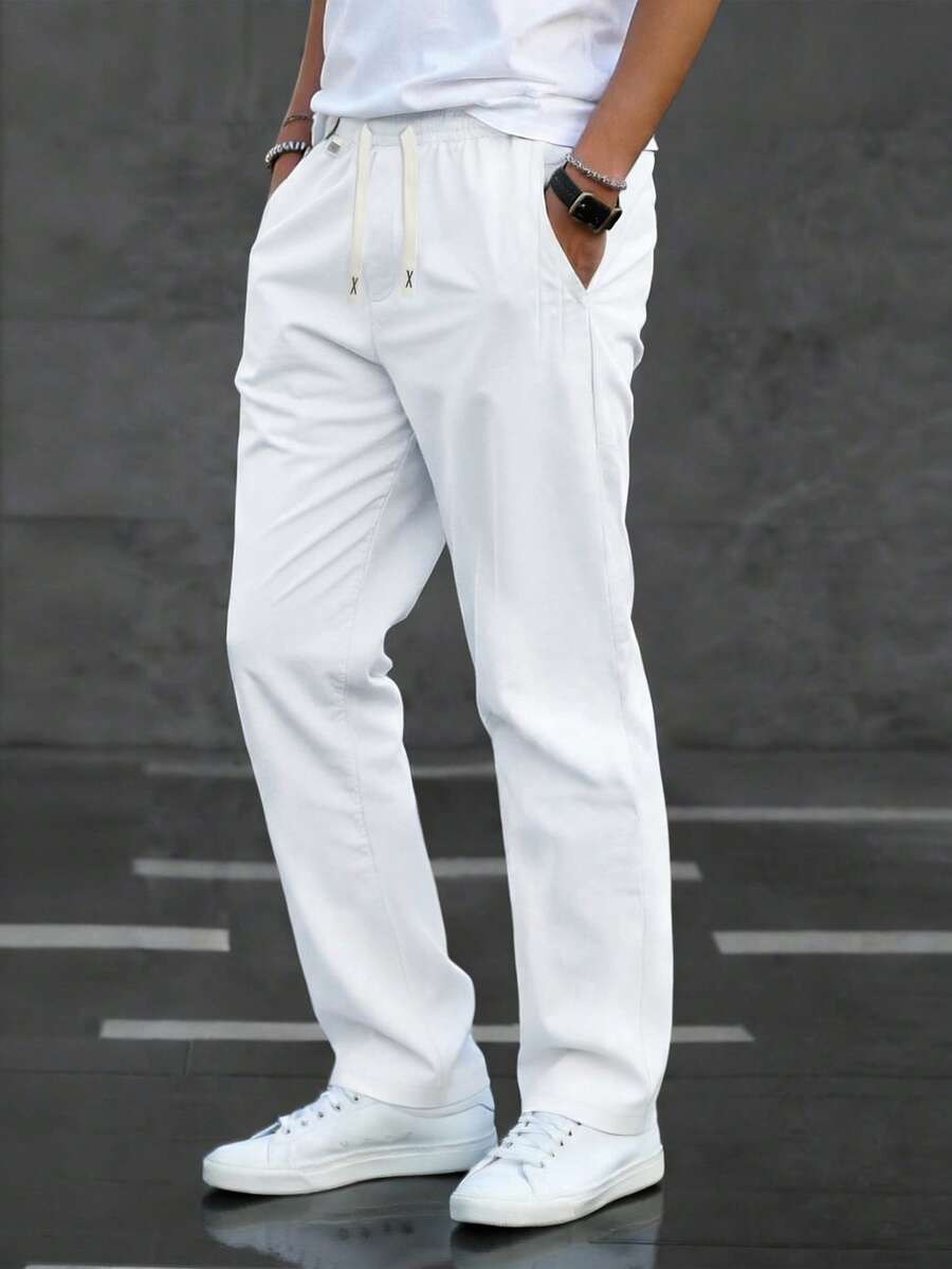 Manfinity Homme Men's Drawstring Waist Pockets Straight Loose Casual Pants - White - View 1