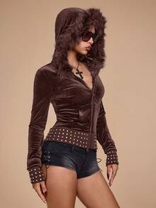 ROMWE Grunge Punk Sudadera con cremallera de terciopelo con decoración de rhinestones, ajustada para mujer, estilo Y2K - Café integral - Ver 2