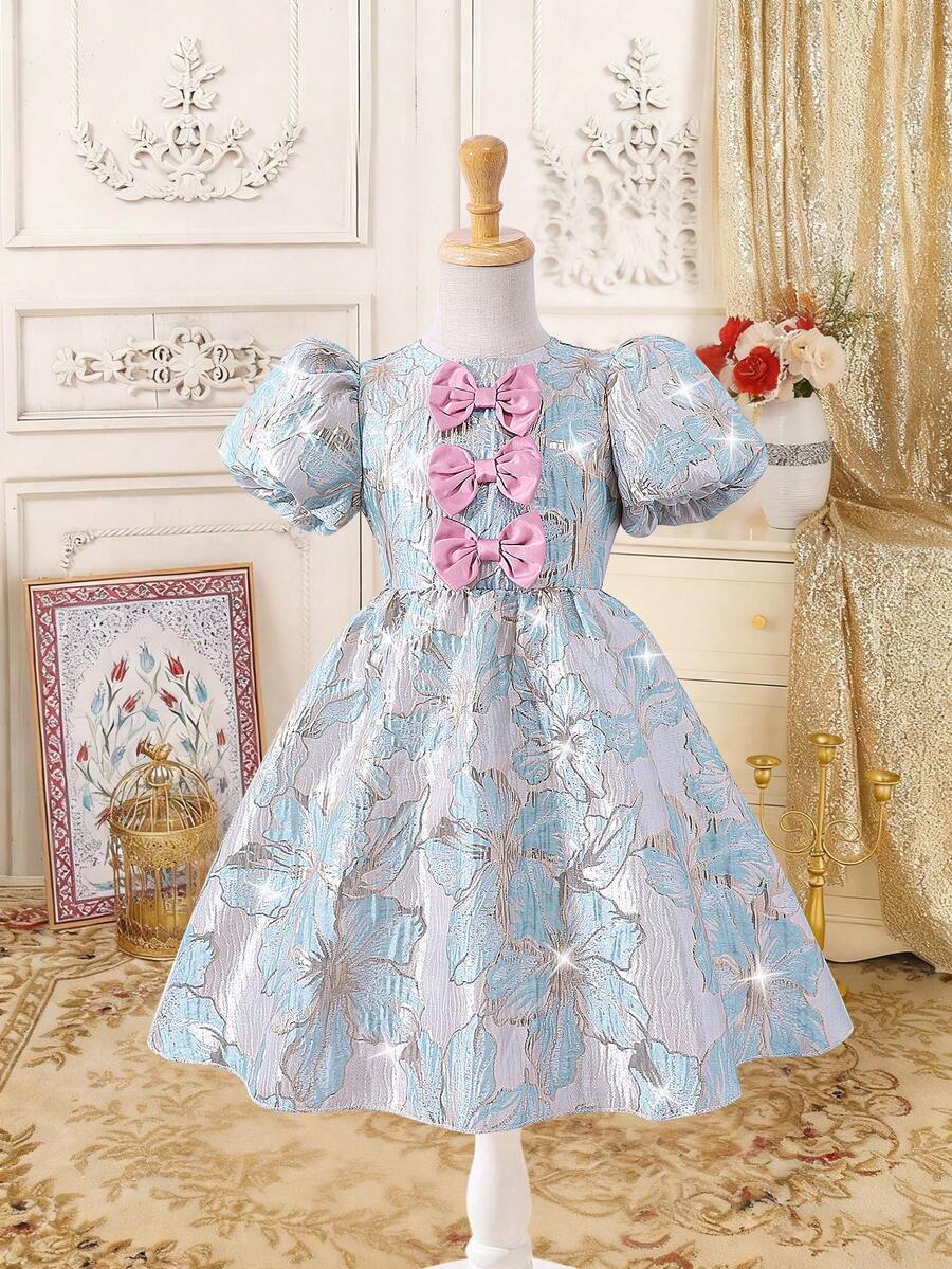 Vestido Elegante Azul Claro para Menina Jovem, Design de Laço Adorável, Vestido de Princesa Fashionável e Estiloso