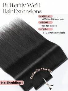 蝴蝶结发片，真人发，无胶OVO PU孔，手工编织，隐形DIY双层发片，直发，1片装，16英寸，自然黑 - Natural Black - 查看 4