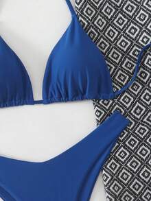 Swim Mod 女士性感露背系带开衩比基尼套装，简约纯色，适合海滩度假 - 藍色 - 查看 5