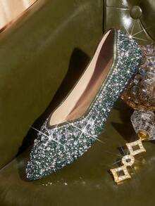 CUCCOO TILAWA Bailarinas con puntera puntiaguda y con rhinestones para mujer, de color plateado lujoso, cómodas y de uso casual para el día a día en Navidad - Verde Oscuro - Ver 3