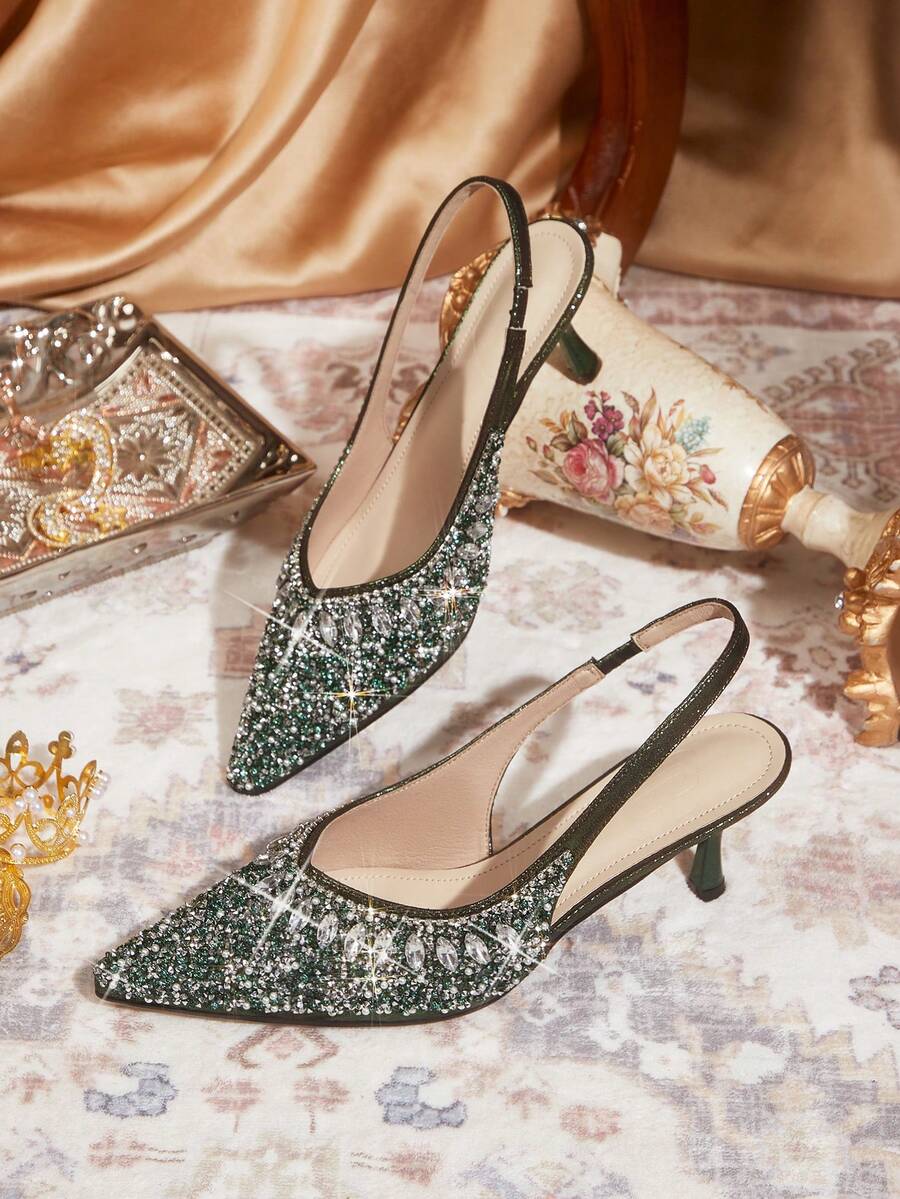 CUCCOO TILAWA Silver Toe Open Pointed-Toe Rhinestone Satin Wedding Heels For Women For Christmas Valentine's Day - Dark Green - View 1