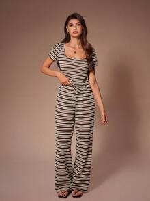 Lazeform Comfortable & Fashionable Striped Crew Neck Short Sleeve Loungewear Set - Brown - View 2