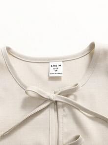 Young Girl Solid Color Round Neck Tie Front T-Shirt And Wide Leg Pants Casual Outfit - Apricot - View 5