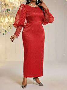 Fleurora 大码女式花卉提花网纱拼接羊腿袖优雅修身连衣裙 - 紅色 - 查看 3