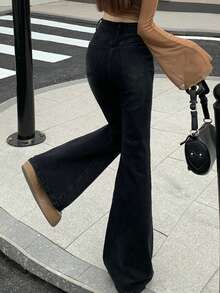 DAZY Women's Cat Whisker Korean Style Flared Washed Denim Jeans - Black - View 2