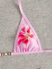 Swim Vcay 2件套女士新款印花细肩带露背超三角比基尼上衣和丁字裤性感比基尼套装 - 粉色 - 查看 5