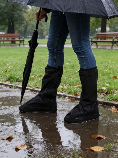 可折叠黑色雨靴套，防滑防水高帮鞋套，适用于户外、办公、旅行、骑行和收纳 - 便携式