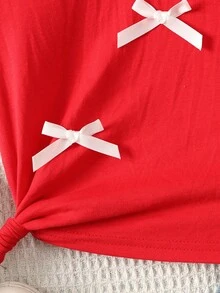 SHEIN Young Girls Knitted Pullover Top With Cute Puff Sleeves, T-Shirt With 3D Bow, Sweet & Casual, Fashionable, Versatile, Suitable For Party, Outing, Photoshoot With Sisters, Park, Camping, Vacation, Daily Casual Wear - Red - View 3