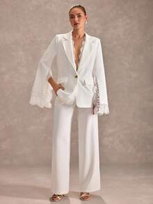 CLARA VERO Bộ vest ống rộng viền ren trắng: Áo blazer ôm dáng và quần cạp cao, hoàn hảo cho những ngày làm việc thanh lịch hoặc các sự kiện sang trọng, được làm từ chất liệu polyester cao cấp với điểm nhấn ren tinh tế và khuy cài hình trái tim. - trắng - Xem 2