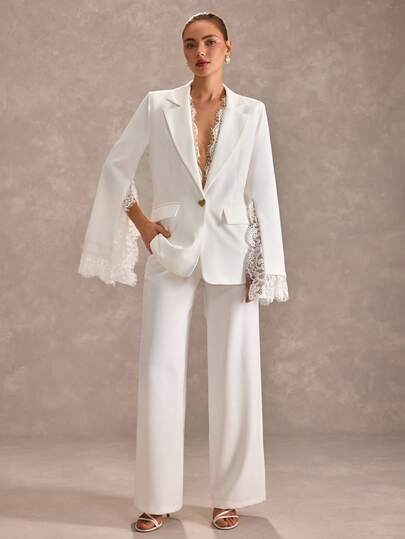 CLARA VERO White Lace Trim Wide Leg Suit Set: Slim Fit Blazer And High Waist Pants, Perfect For Elegant Workdays Or Chic Events, Made From Luxe Polyester Fabric Featuring Delicate Lace Accents And Heart Button Closure