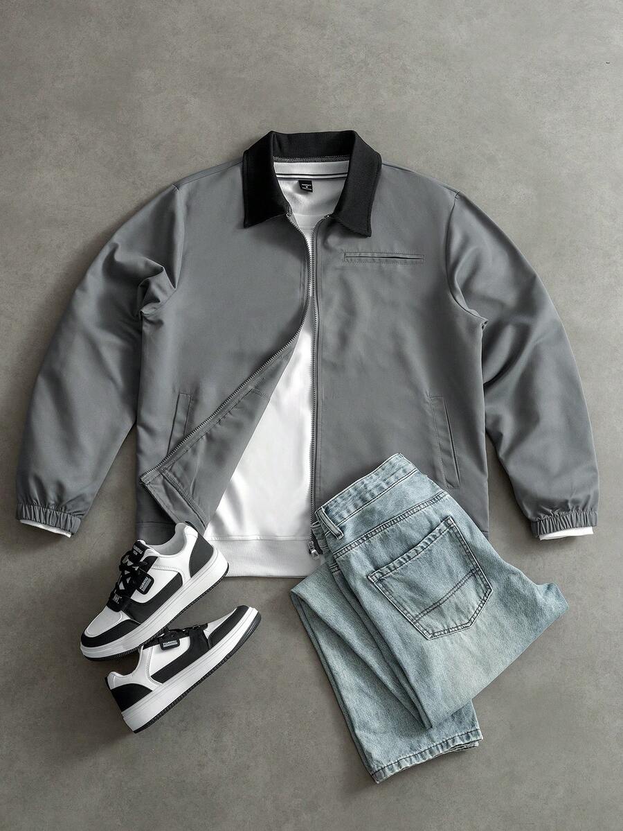 Manfinity Homme Men's Casual Versatile Collar Zip Front Long Sleeve Jacket For Daily Wear - Dark Grey - View 1