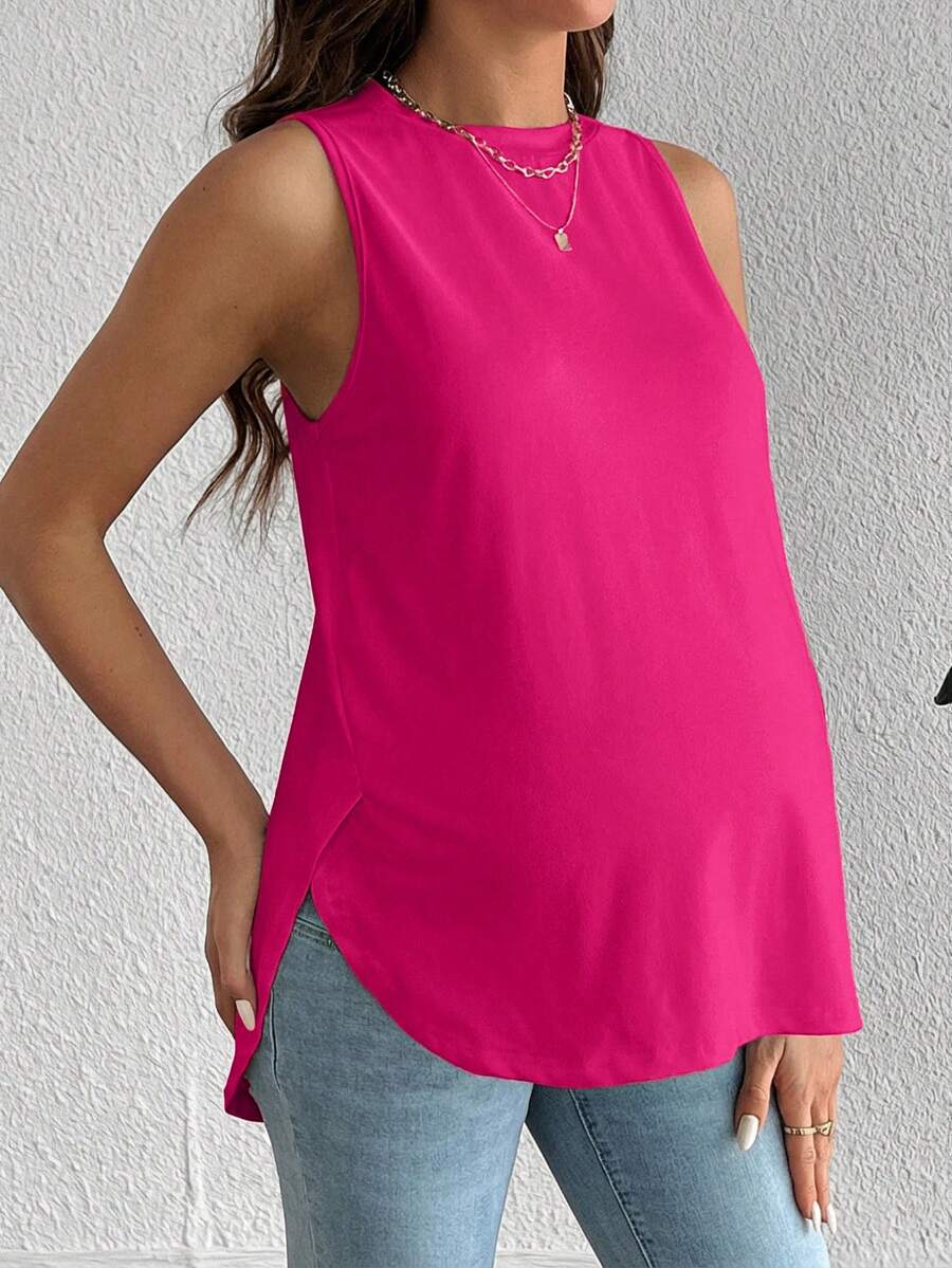 SHEIN Maternity Solid Color Round Neck Casual Loose Fit Tank Top - Hot Pink - View 1