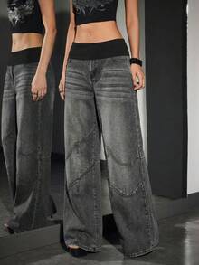 SHEIN Unity Quần jean ống rộng dáng suông, phối màu đa năng dành cho nữ, thích hợp mặc đi làm. - Màu xám đen - Xem 4