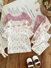 LMoss Kids 6件套女婴针织小熊和碎花圆领T恤和裤子睡衣套装 - 彩色 - 查看 1