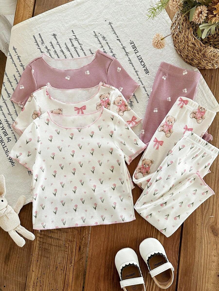 LMoss Kids 6件套女婴针织小熊和碎花圆领T恤和裤子睡衣套装 - 彩色 - 查看 1